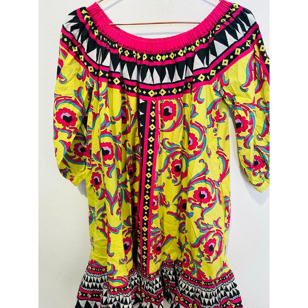 LA DOUBLEJ Yellow Paisley Mod Geo Print Three Quarter Sleeve Off Shoulder Dress - Picture 15 of 16